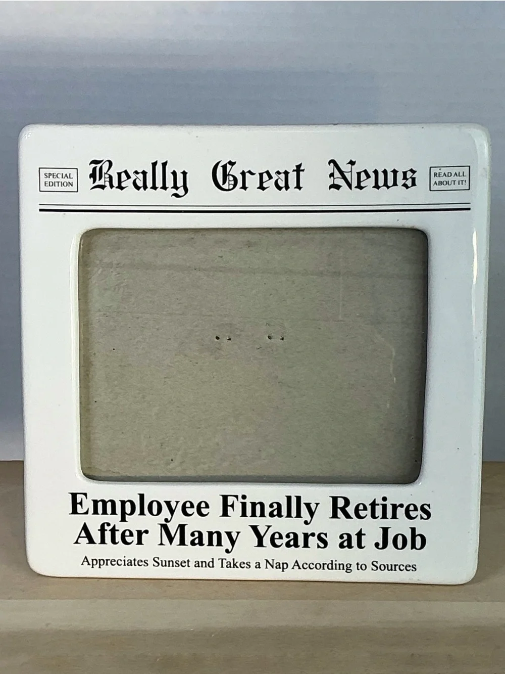 Retirement Photo Frame Vintage Enesco Ceramic Glass Cover Square White Black